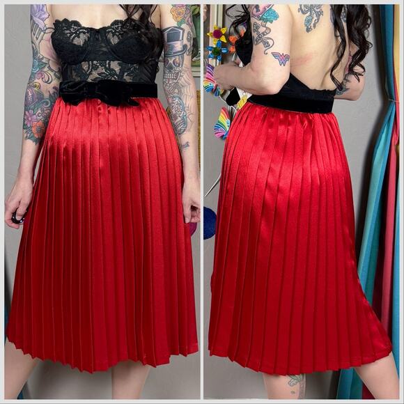 Vintage 1980s Red Satin High Waist Accordion Pleated Skirt - Picture 4 of 7